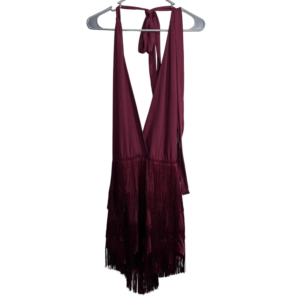 TikTok Shop Women's Tassel Tie Back Deep V Neck BodyCon Romper Burgundy Size XL
